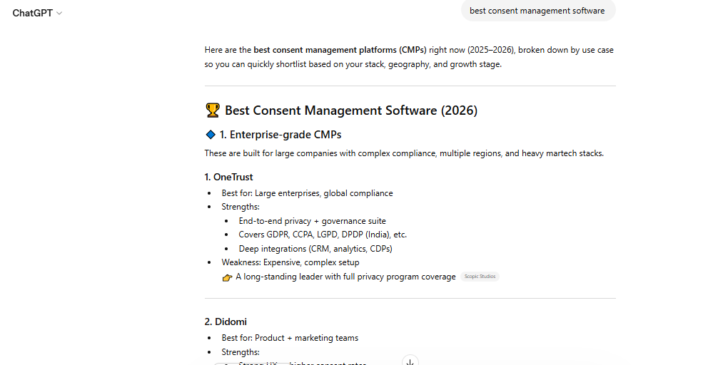 Google AI Overview showing best consent management software comparison